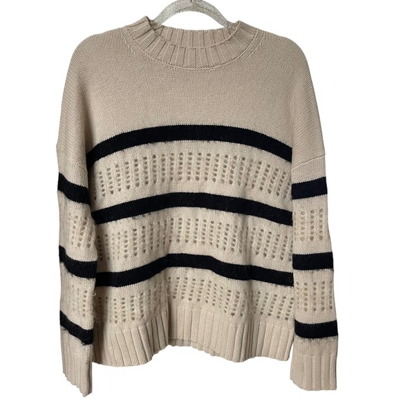 AllSaints Wool Blend Striped Sweater Small Beige Black Alpaca Cashmere Cozy Knit - Picture 1 of 7